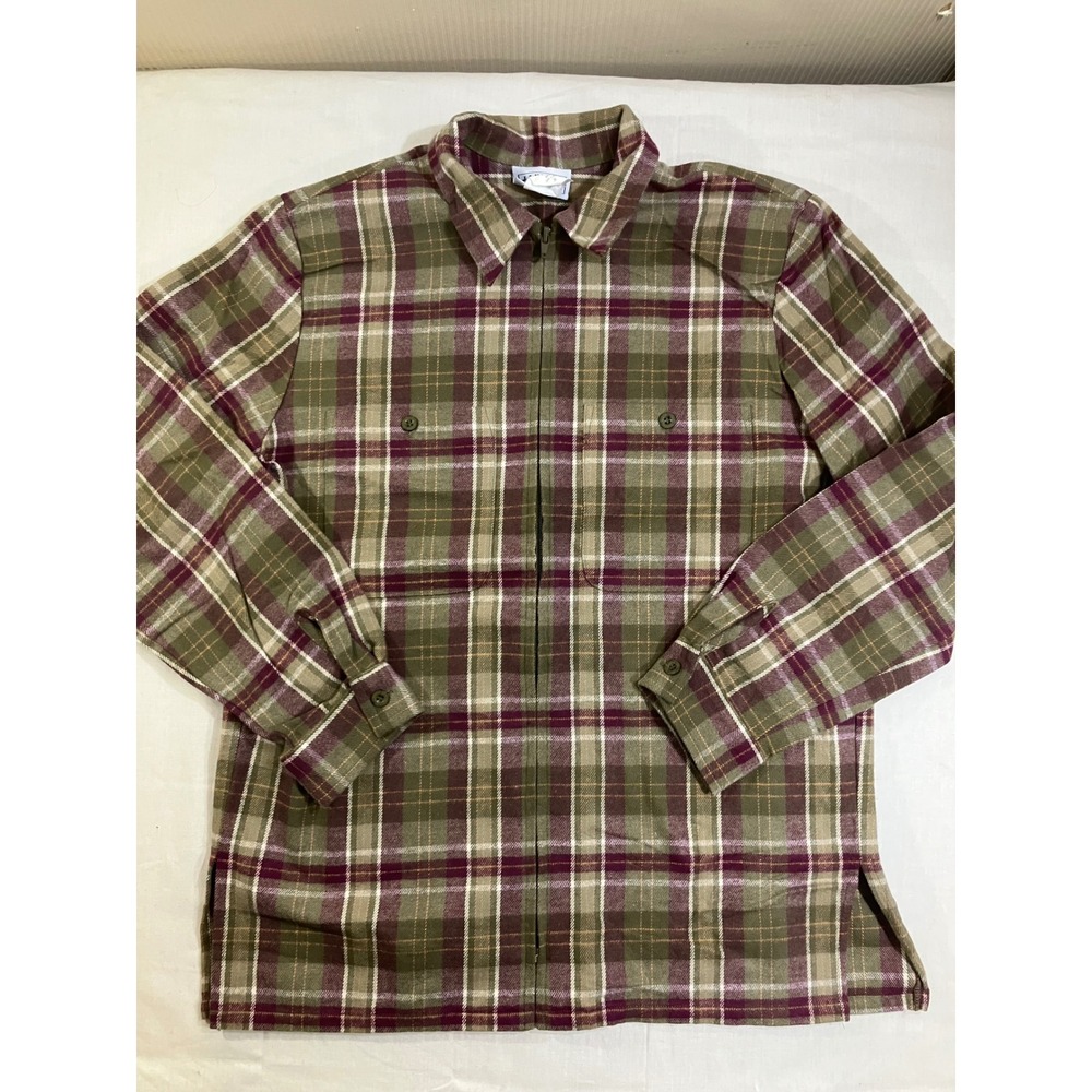 Jantzen Classics Womens‎ Small Plaid Zip Up Flannel Shirt Jacket Olive Burgundy